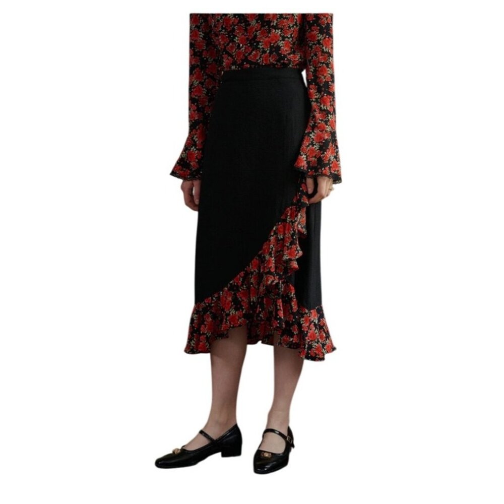 Simple Retro Y2K Floral Midi Skirt Sz L Ruffle Fairy Coquette Asymmetrical‎ Hem